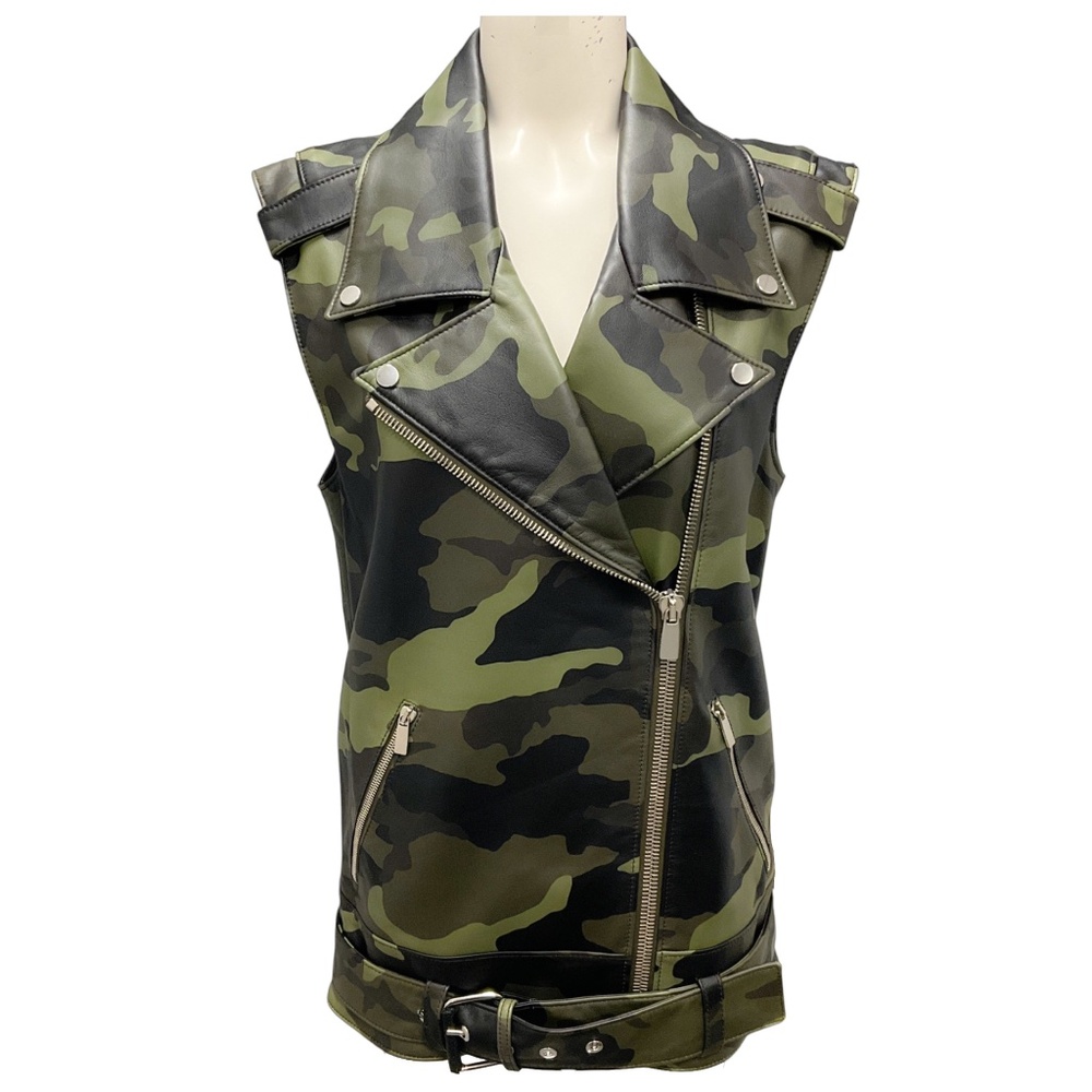 MICHAEL KORS COLLECTION OLIVE MULTI CAMO LAMBSKIN LEATHER VEST